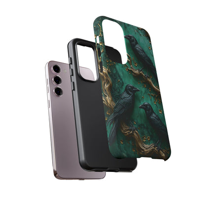 Three Black Ravens Perched On Gold-Accent Branches phone case design