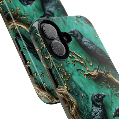 Three Black Ravens Perched On Gold-Accent Branches phone case design
