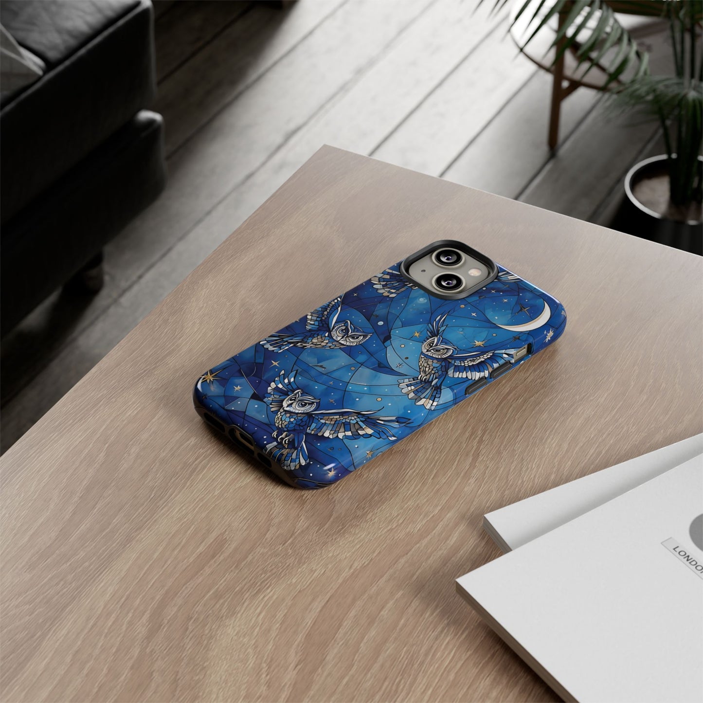 Surrealistic Owls Soaring Through A Celestial Night Sky phone case design.