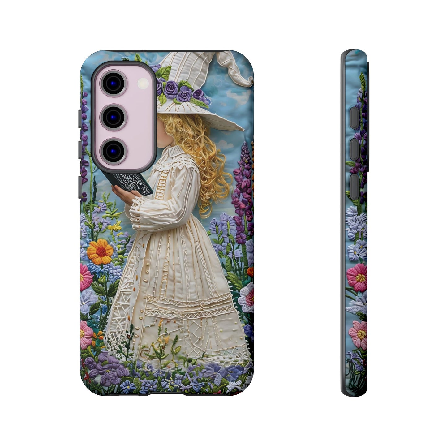 Whimsical Embroidery Of A Girl Reading In A Garden phone case design.