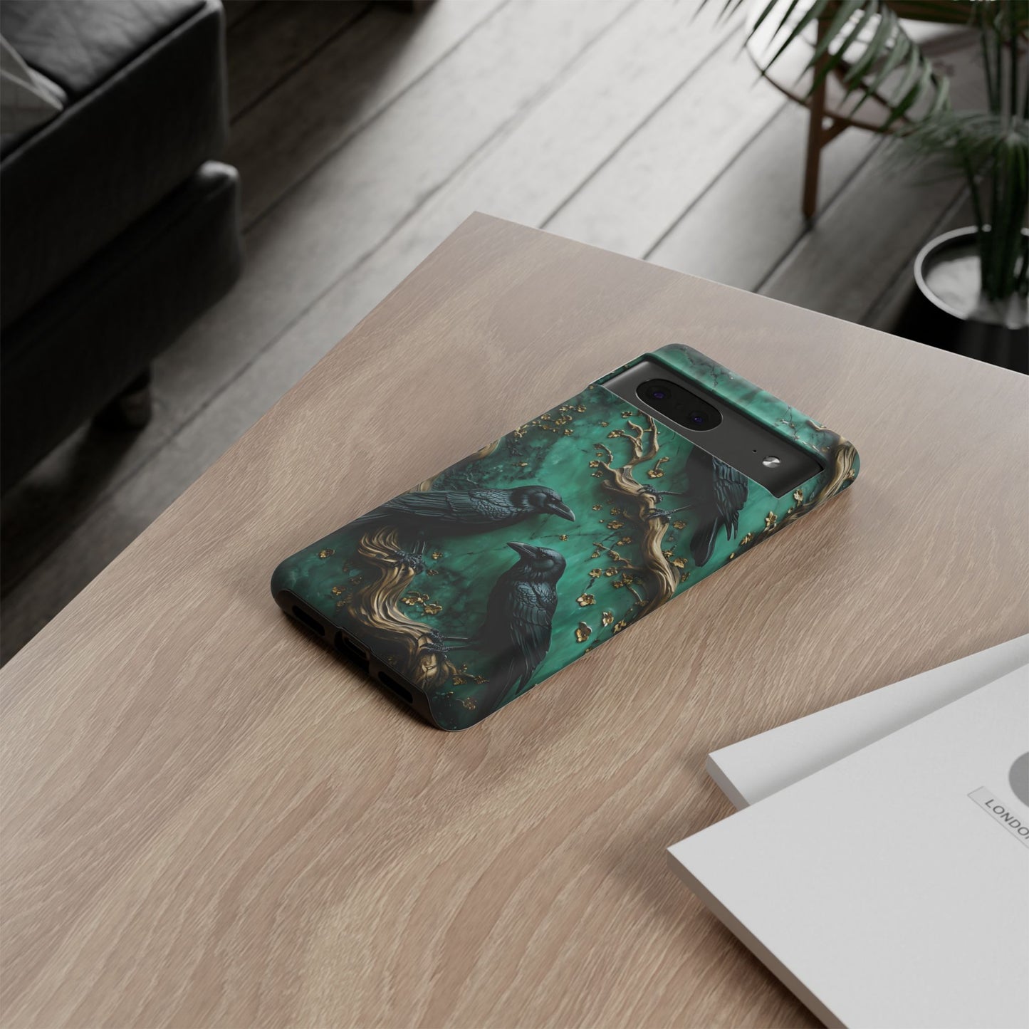 Three Black Ravens Perched On Gold-Accent Branches phone case design