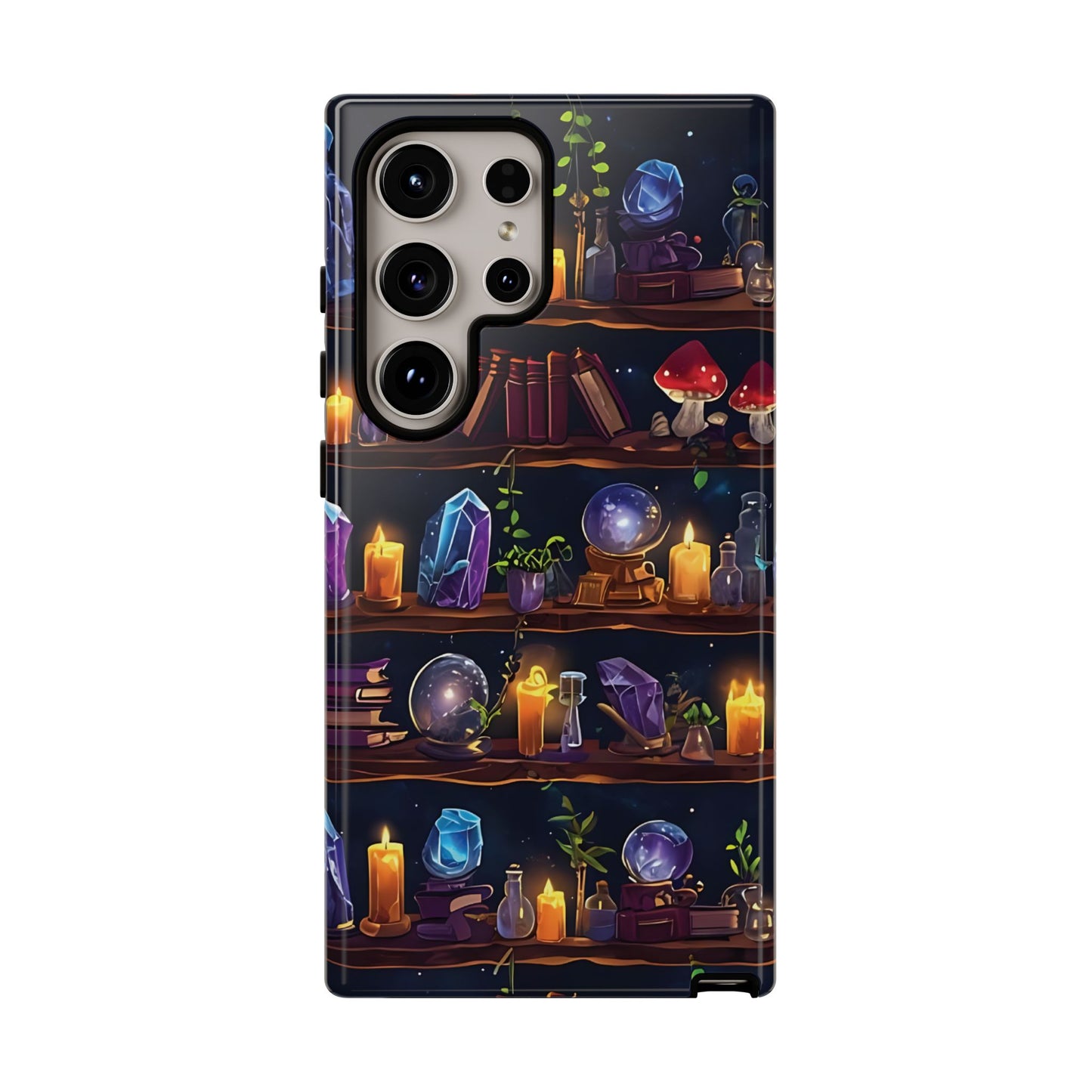 Fantasy Seamless Pattern Of Wooden Shelves Filled With Mystical Items phone case design.