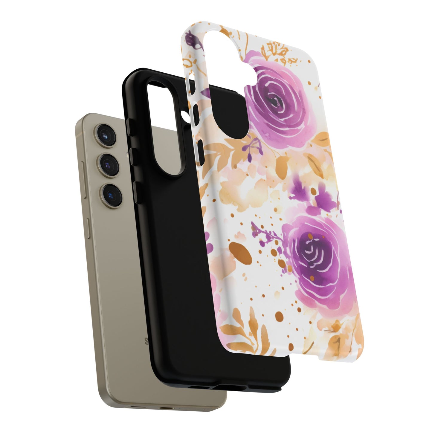 Purple Bloom Watercolor Mobile Case – Artistic Elegance in Gold & Lilac