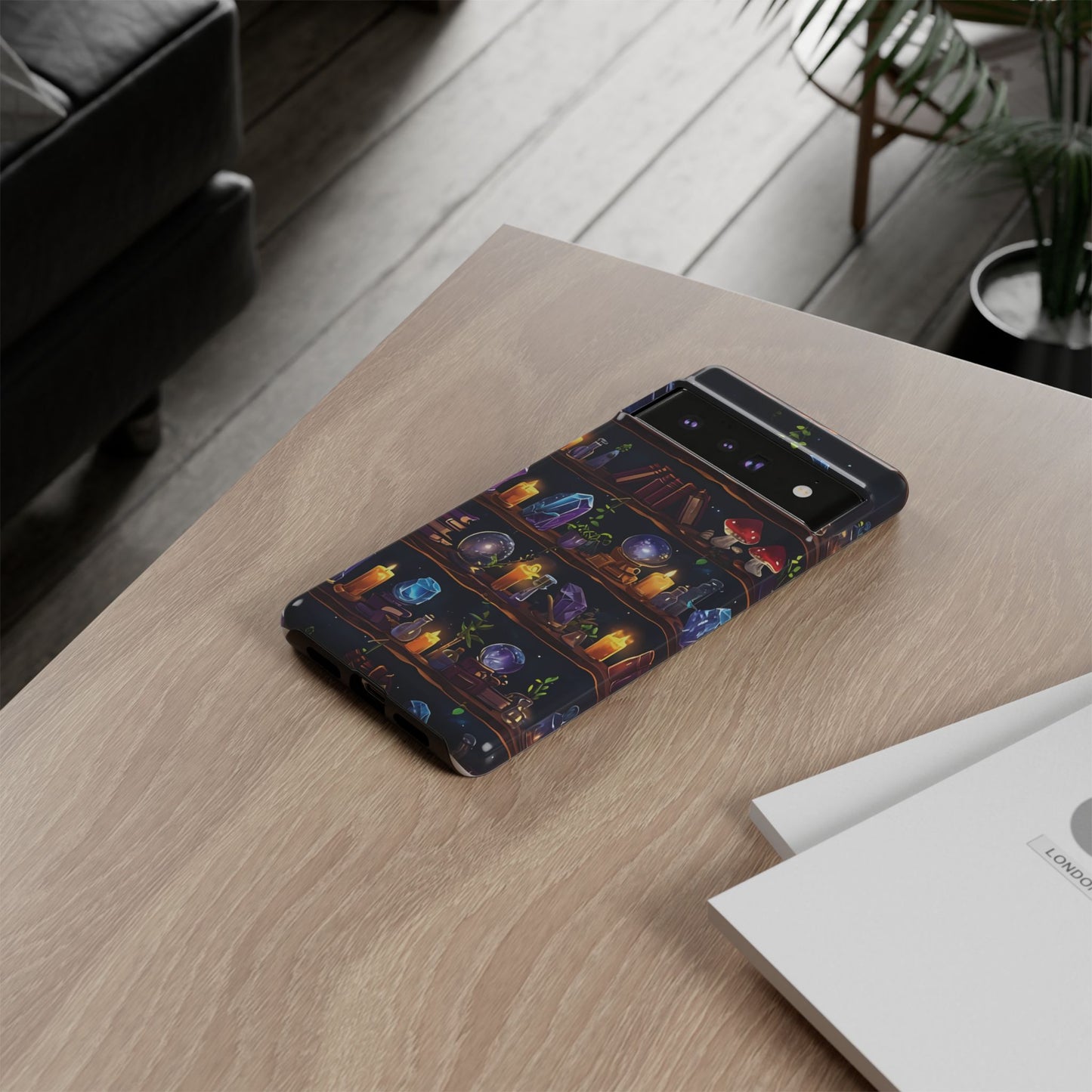 Fantasy Seamless Pattern Of Wooden Shelves Filled With Mystical Items phone case design.