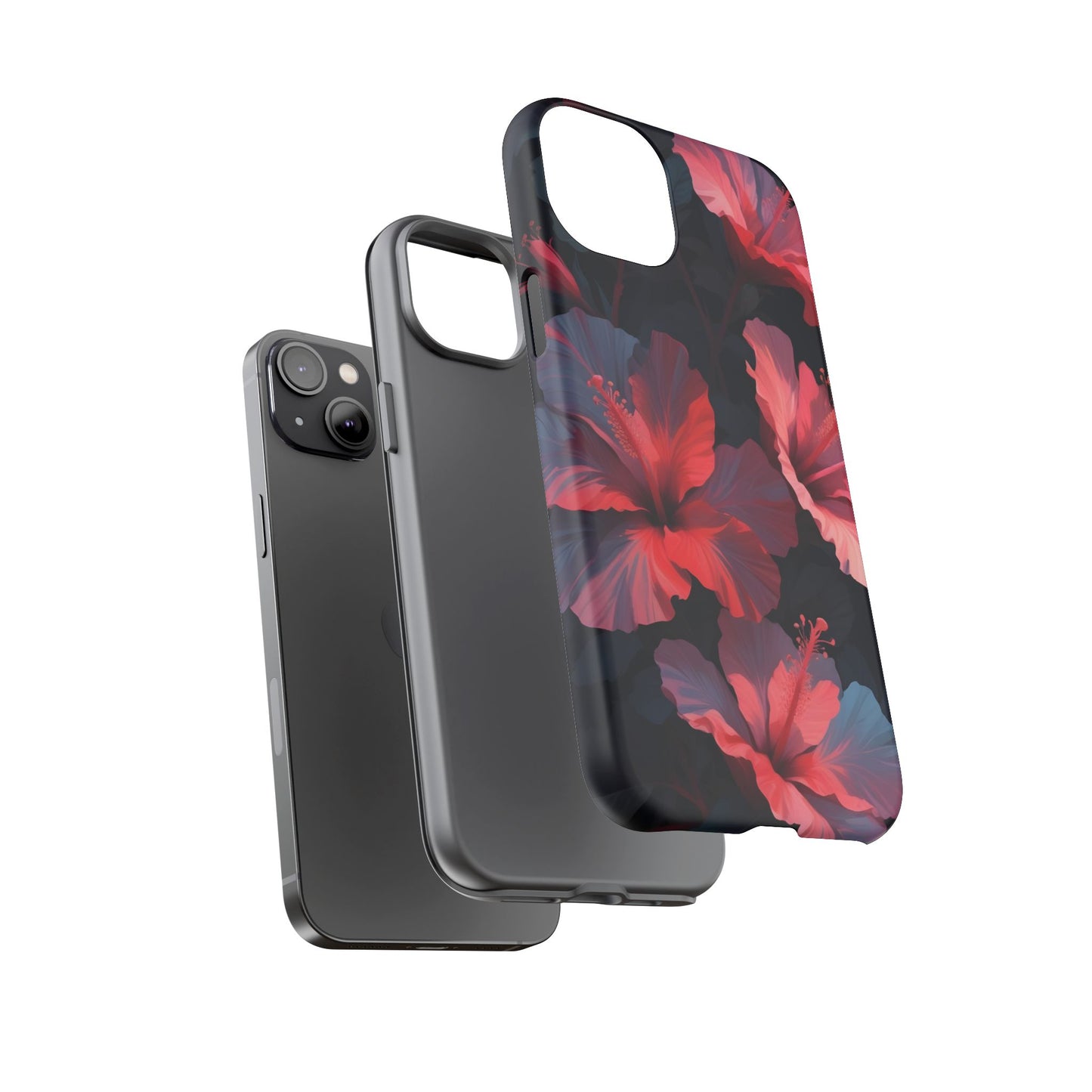 Vibrant red and pink hibiscus flowers blooming against a dark background| Floral phone case design