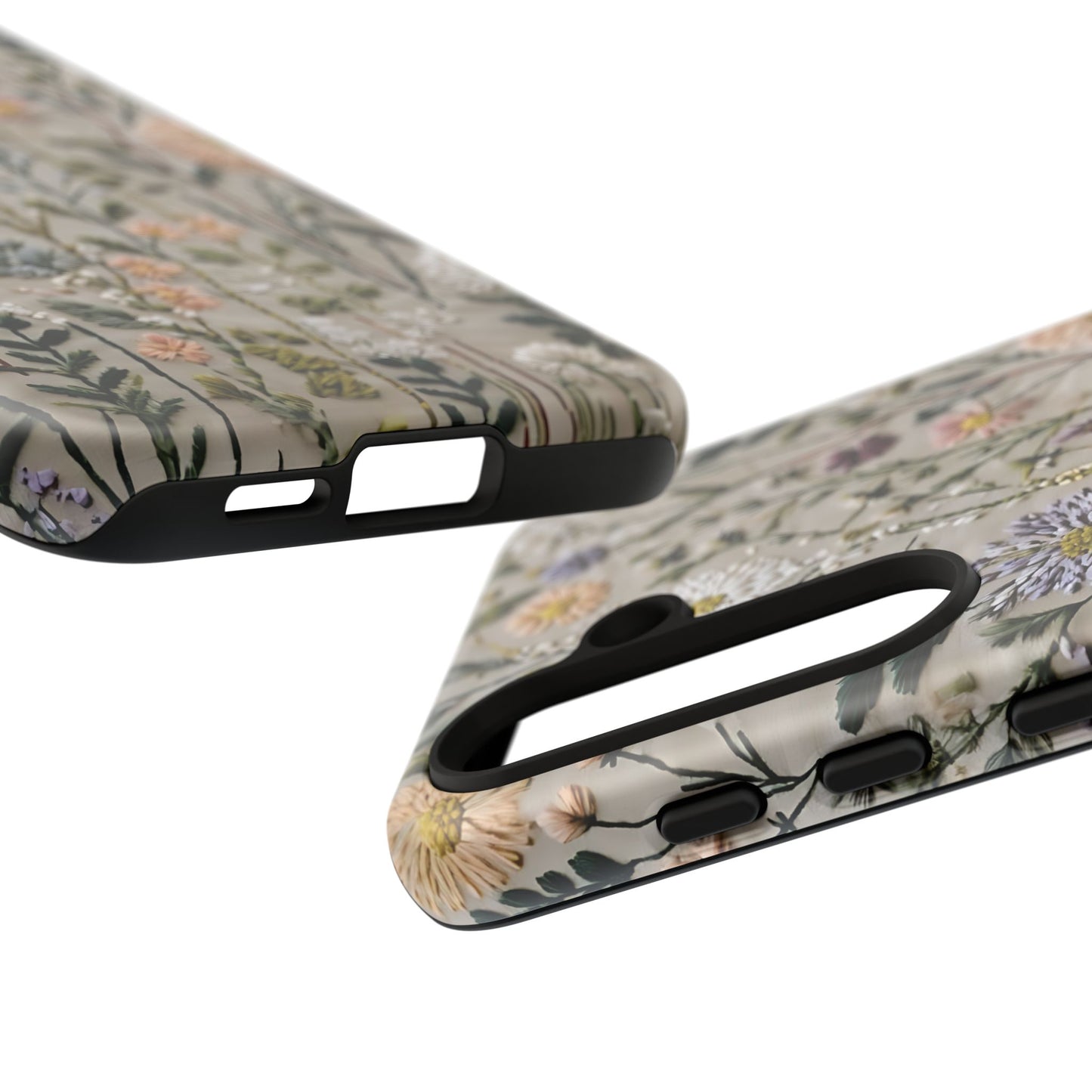 Intricate Embroidery Artwork Featuring Botanical Elements On Beige phone case design.