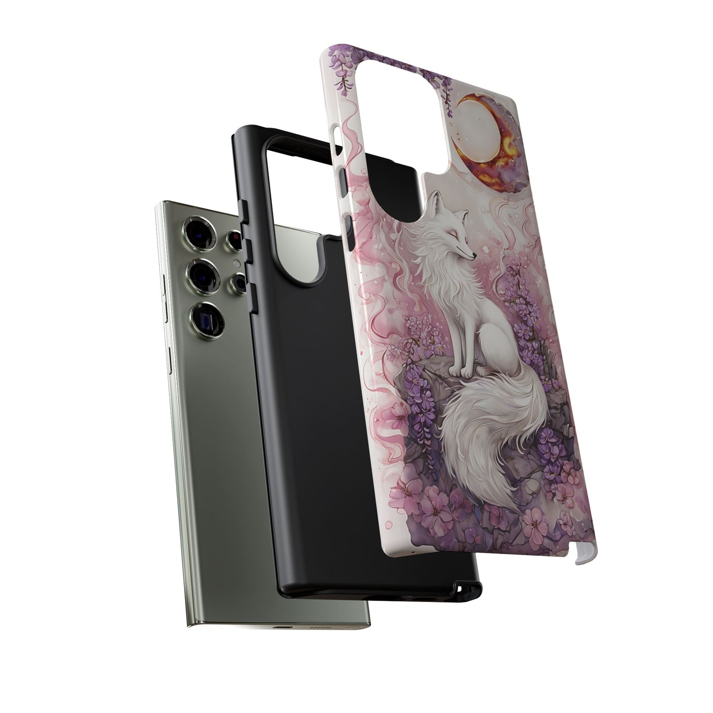 Whimsical White Fox Surrounded By Lavender And Pink Blooms phone case design.