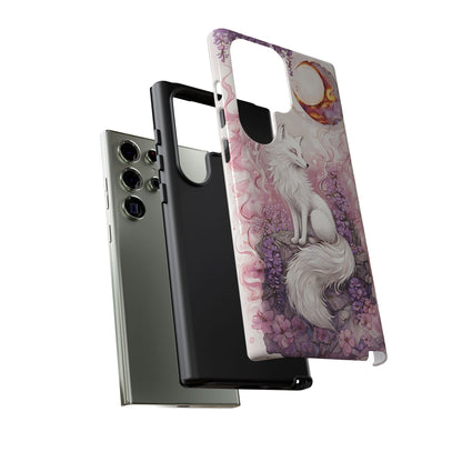 Whimsical White Fox Surrounded By Lavender And Pink Blooms phone case design.