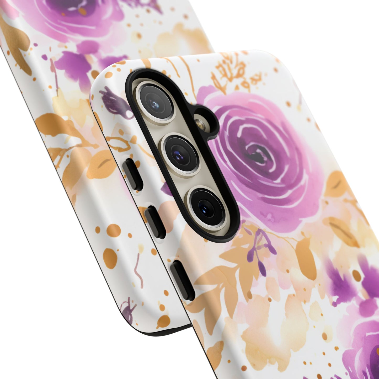 Purple Bloom Watercolor Mobile Case – Artistic Elegance in Gold & Lilac