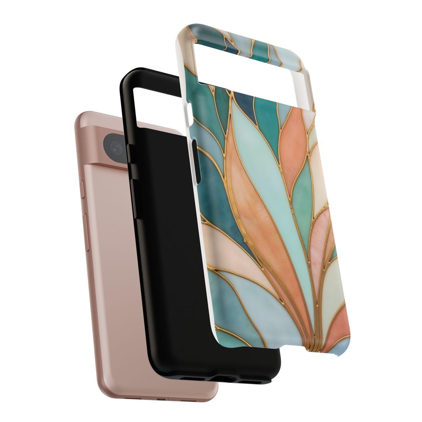 Geometric Leaves: Teal, Peach, and Gold Harmony