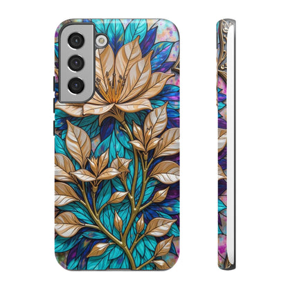 Majestic Golden Blossoms on Mosaic Blue Splendor