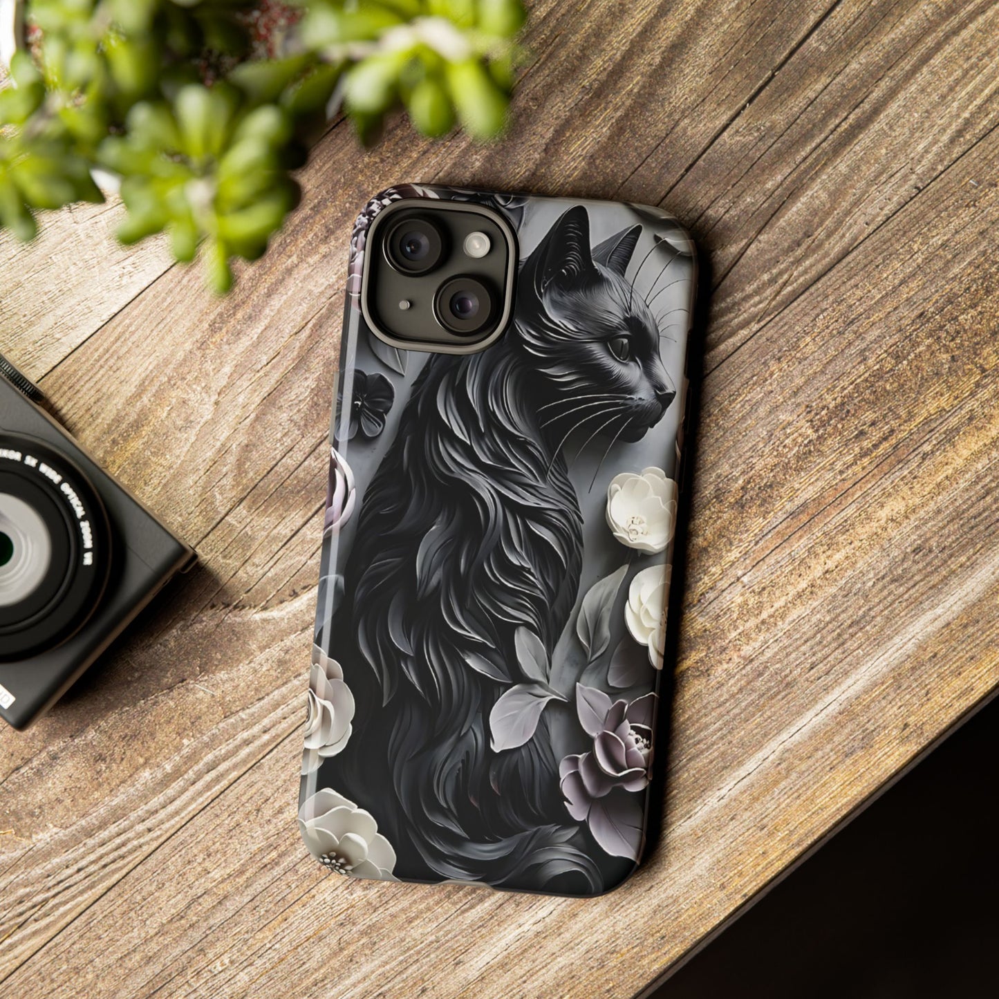 Intricate Bas-Relief Sculpture Of Black Cat Among Flowers phone case design