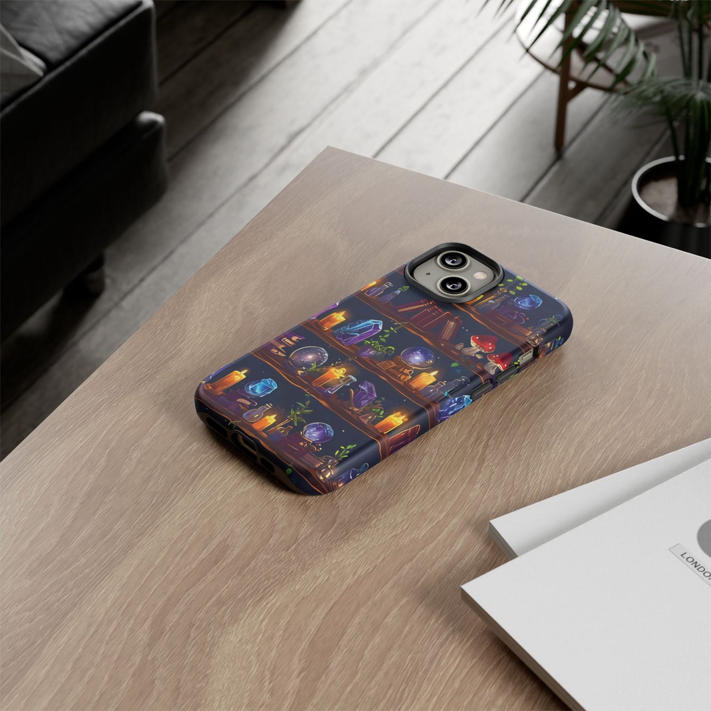 Fantasy Seamless Pattern Of Wooden Shelves Filled With Mystical Items phone case design.