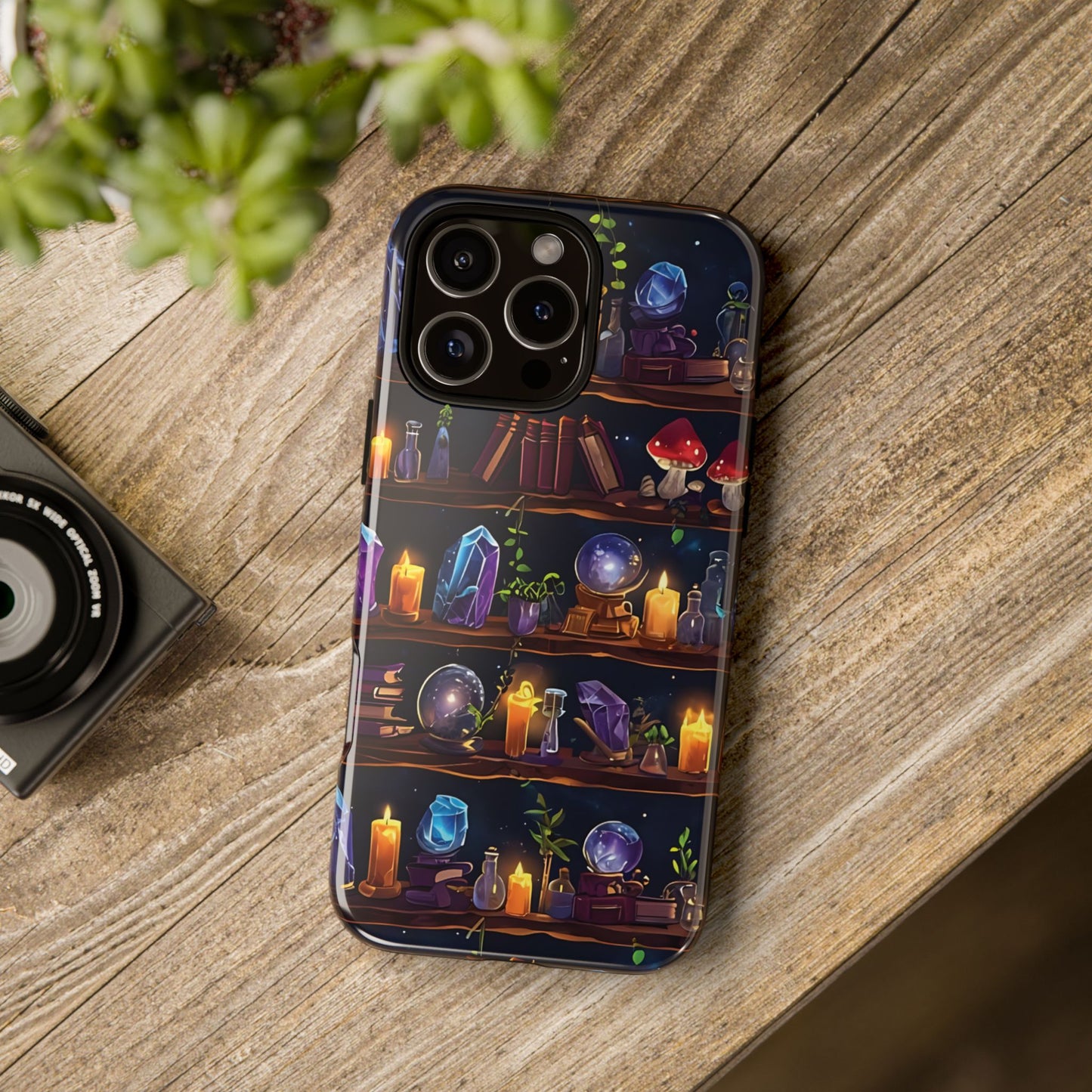 Fantasy Seamless Pattern Of Wooden Shelves Filled With Mystical Items phone case design.