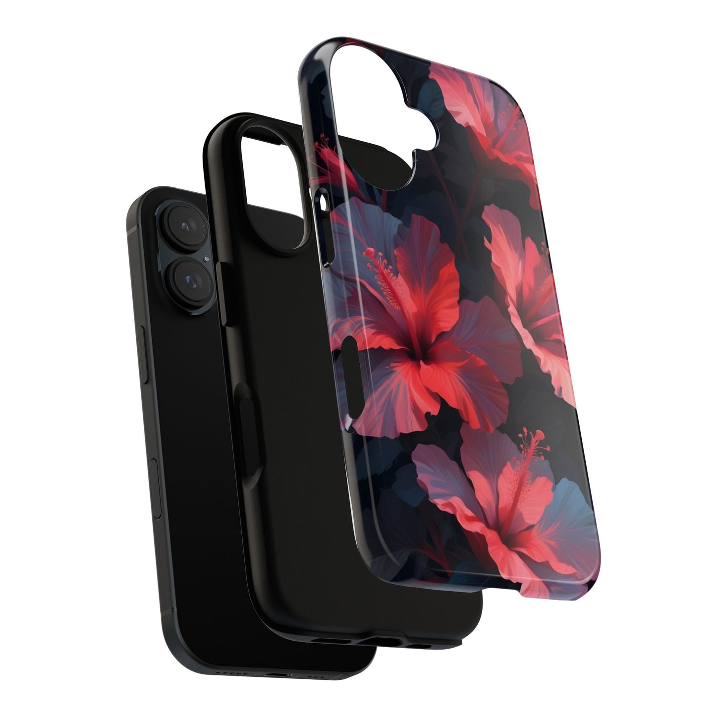 Vibrant red and pink hibiscus flowers blooming against a dark background| Floral phone case design