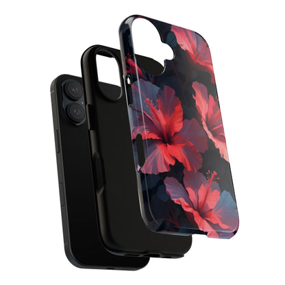 Vibrant red and pink hibiscus flowers blooming against a dark background| Floral phone case design