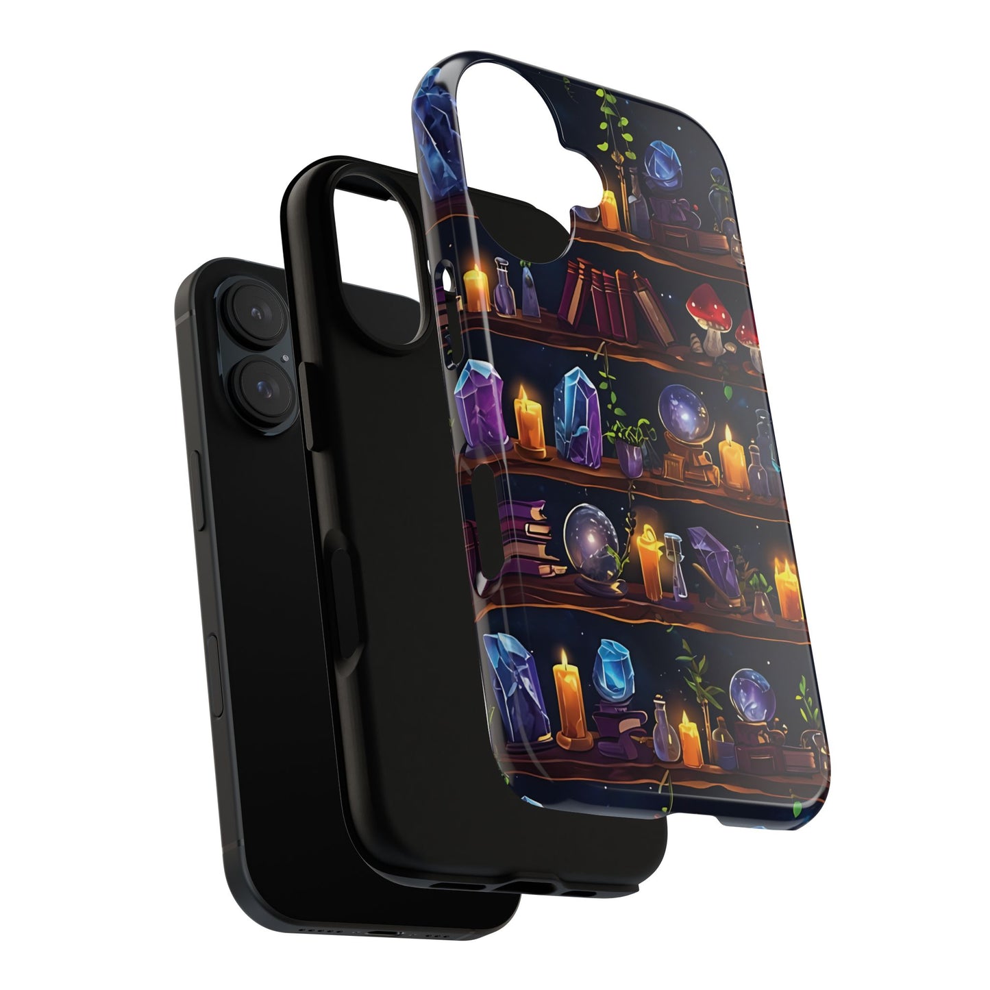 Fantasy Seamless Pattern Of Wooden Shelves Filled With Mystical Items phone case design.