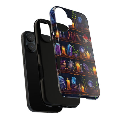 Fantasy Seamless Pattern Of Wooden Shelves Filled With Mystical Items phone case design.