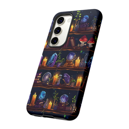Fantasy Seamless Pattern Of Wooden Shelves Filled With Mystical Items phone case design.