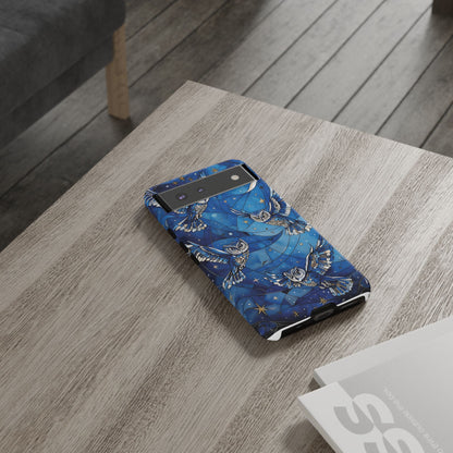 Surrealistic Owls Soaring Through A Celestial Night Sky phone case design.