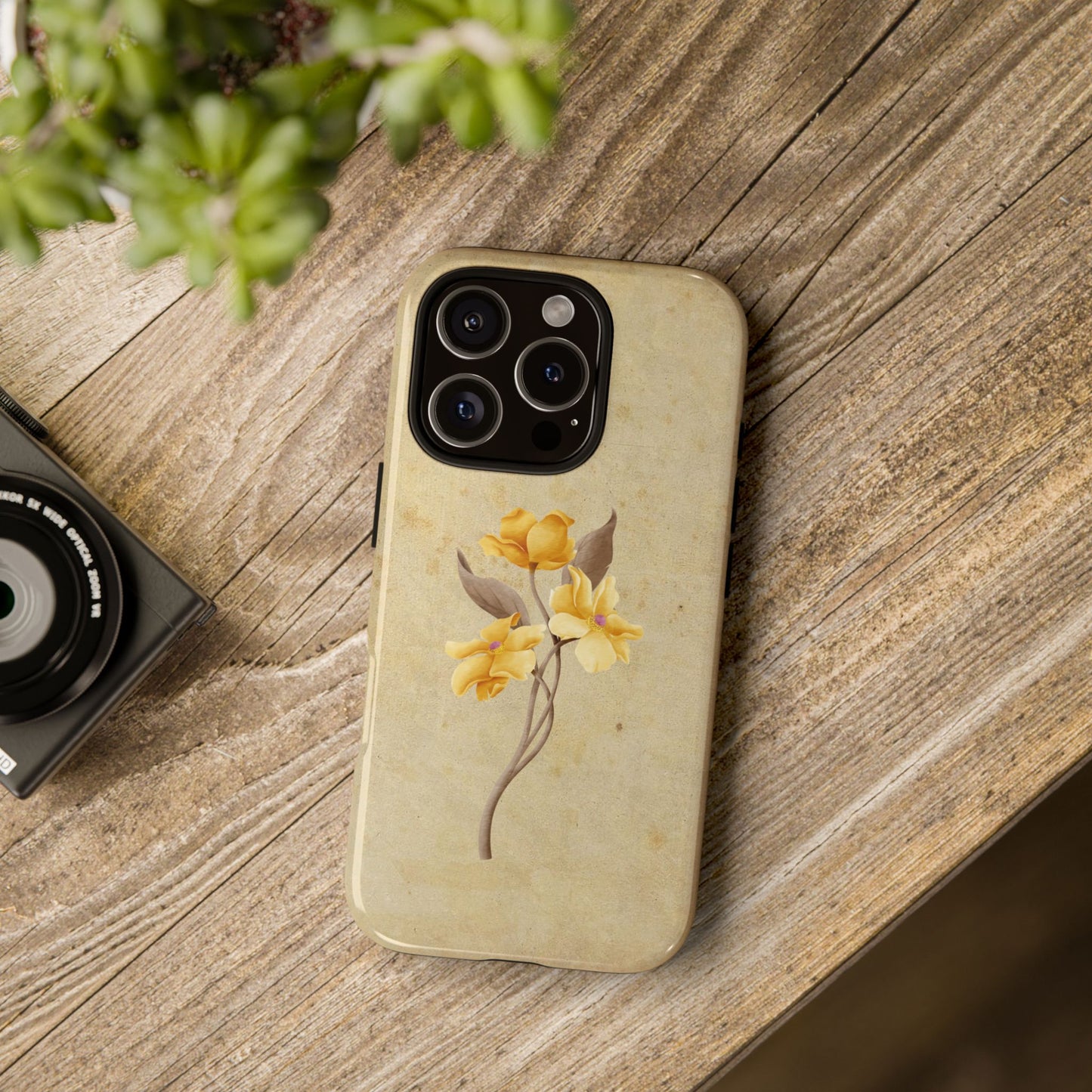 Minimal Vintage Floral Phone Case – Yellow Flower on Beige | iPhone, Samsung & Pixel