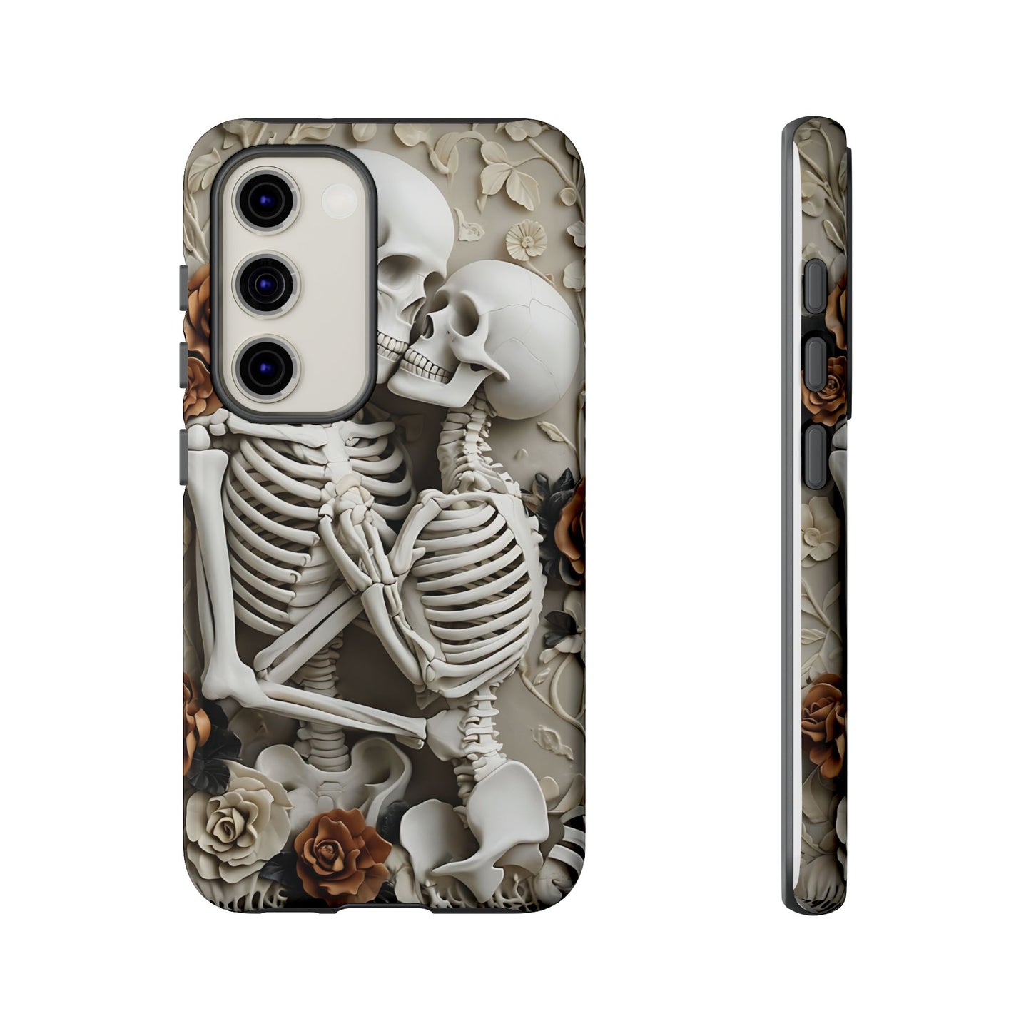 Surreal Bas-Relief Sculpture of Embracing Skeletons with Flowers phone case design.