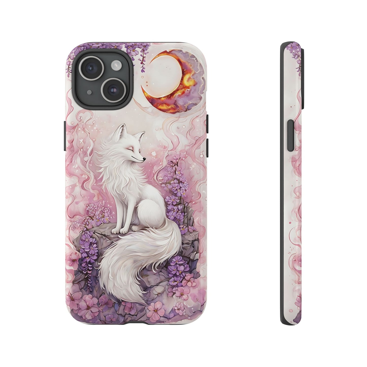 Whimsical White Fox Surrounded By Lavender And Pink Blooms phone case design.
