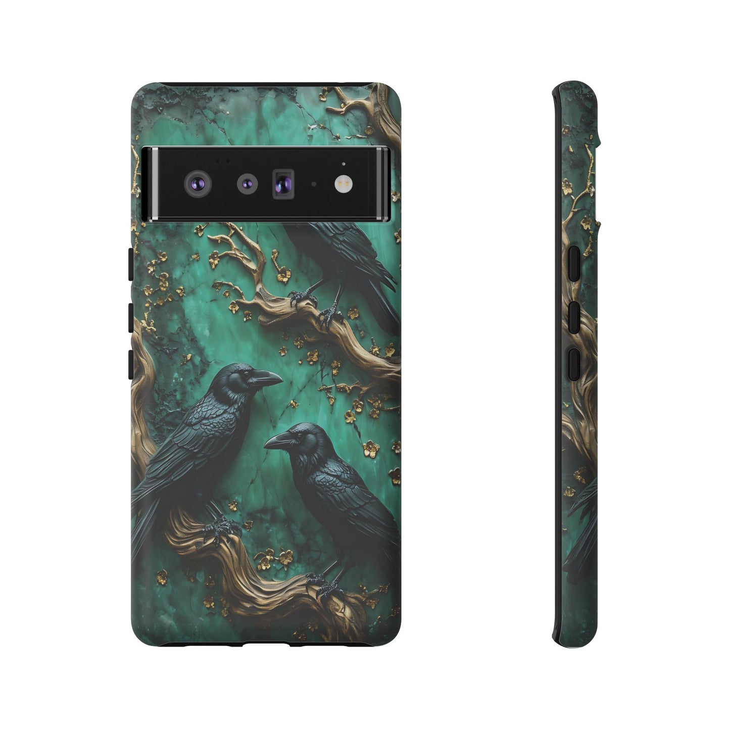 Three Black Ravens Perched On Gold-Accent Branches phone case design