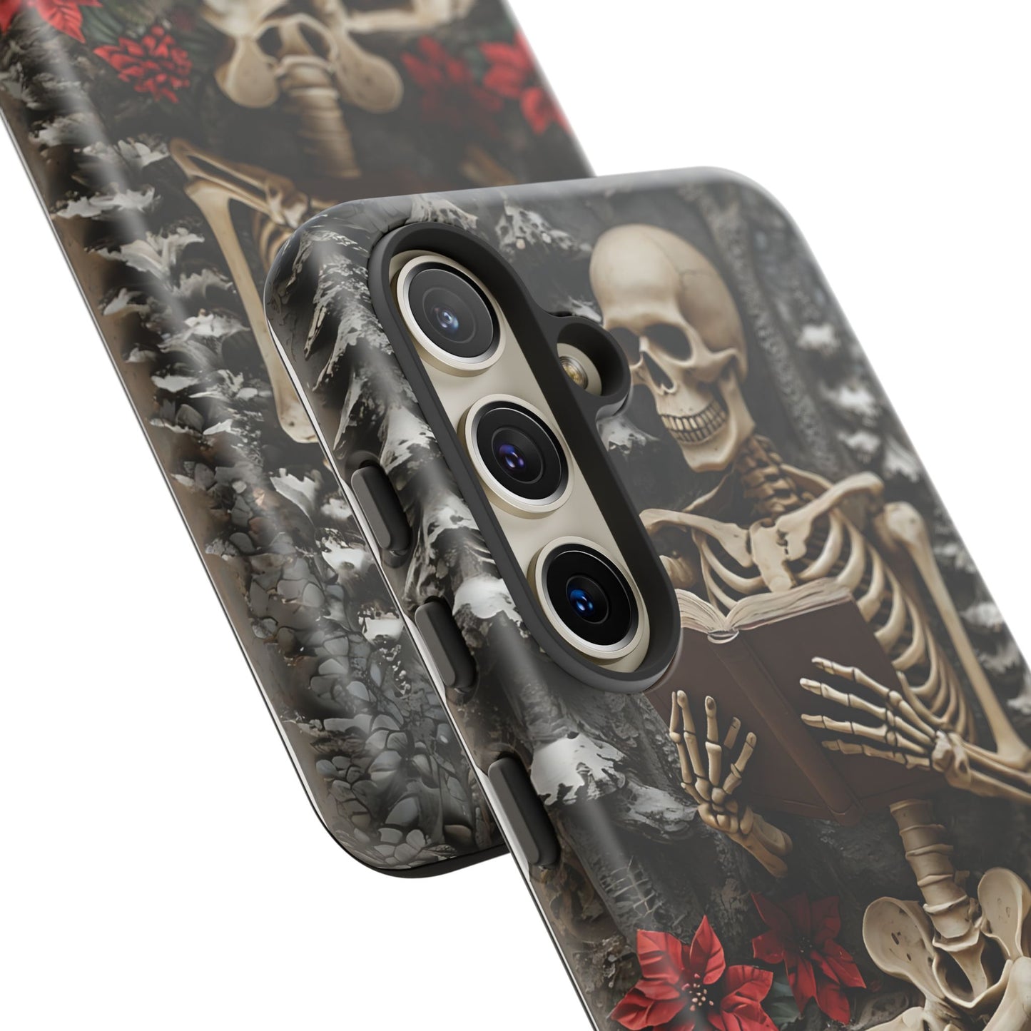 Surreal Relief Sculpture of Skeleton Reading Amidst Festive Decor phone case design