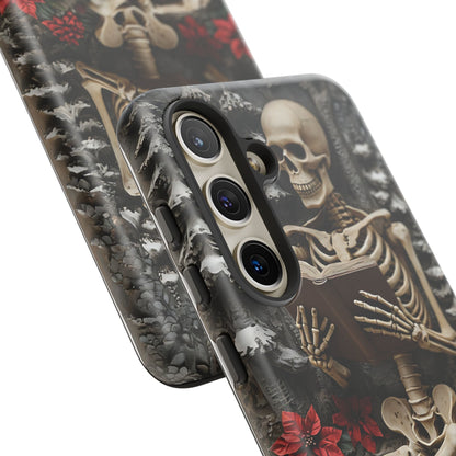 Surreal Relief Sculpture of Skeleton Reading Amidst Festive Decor phone case design