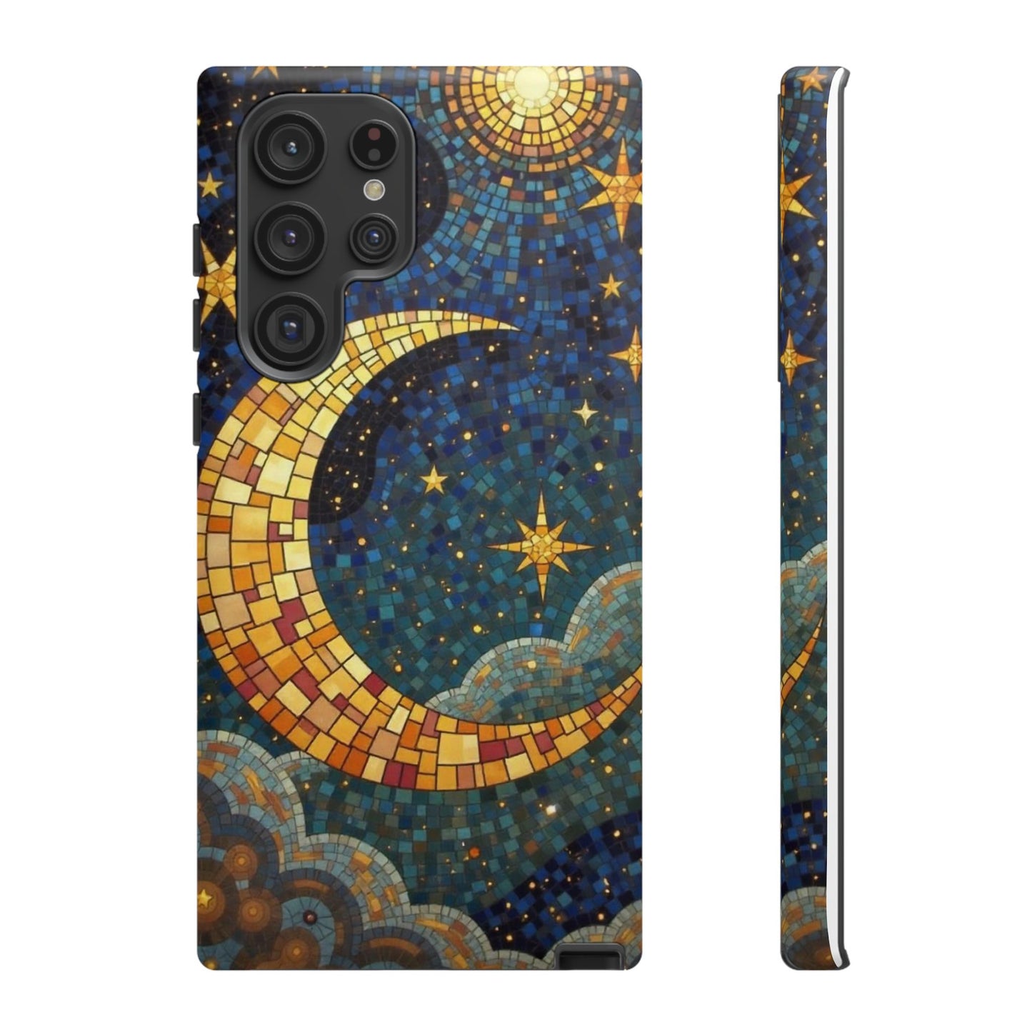 Golden Crescent: Mosaic Moon and Starry Night