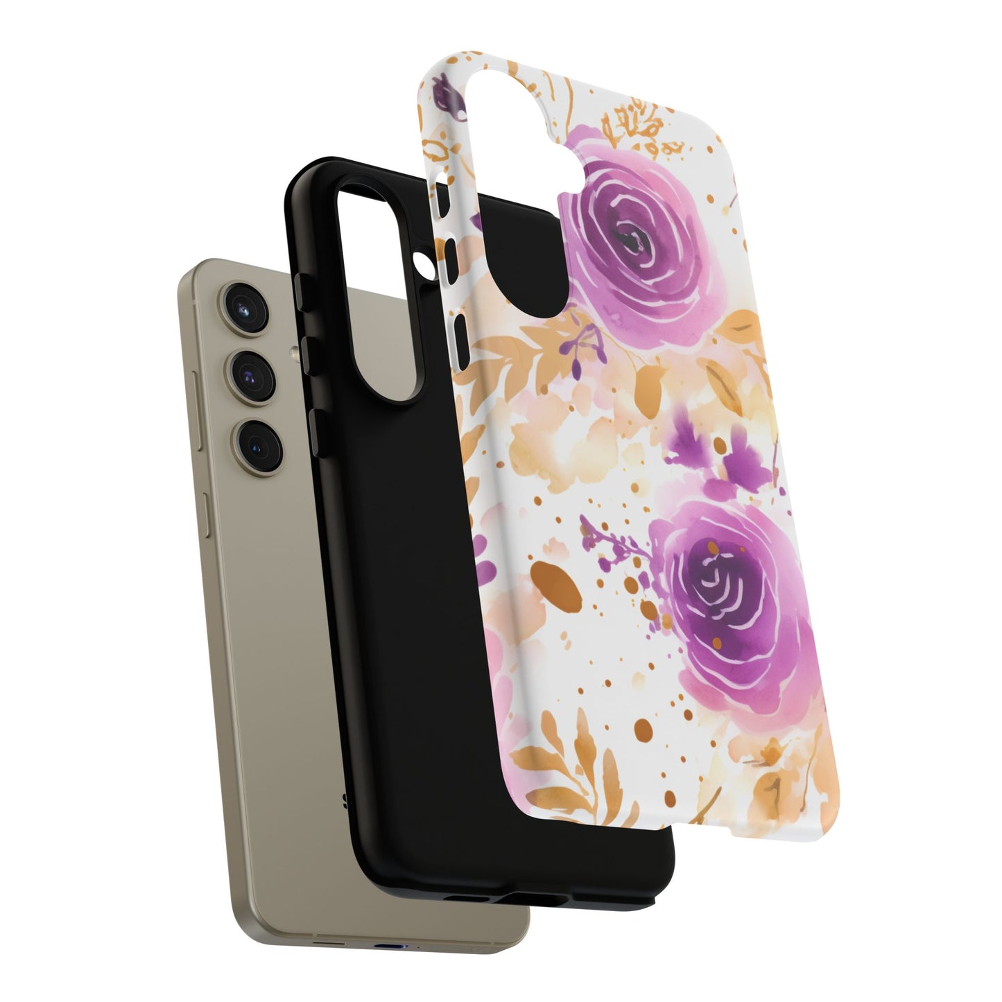 Purple Bloom Watercolor Mobile Case – Artistic Elegance in Gold & Lilac