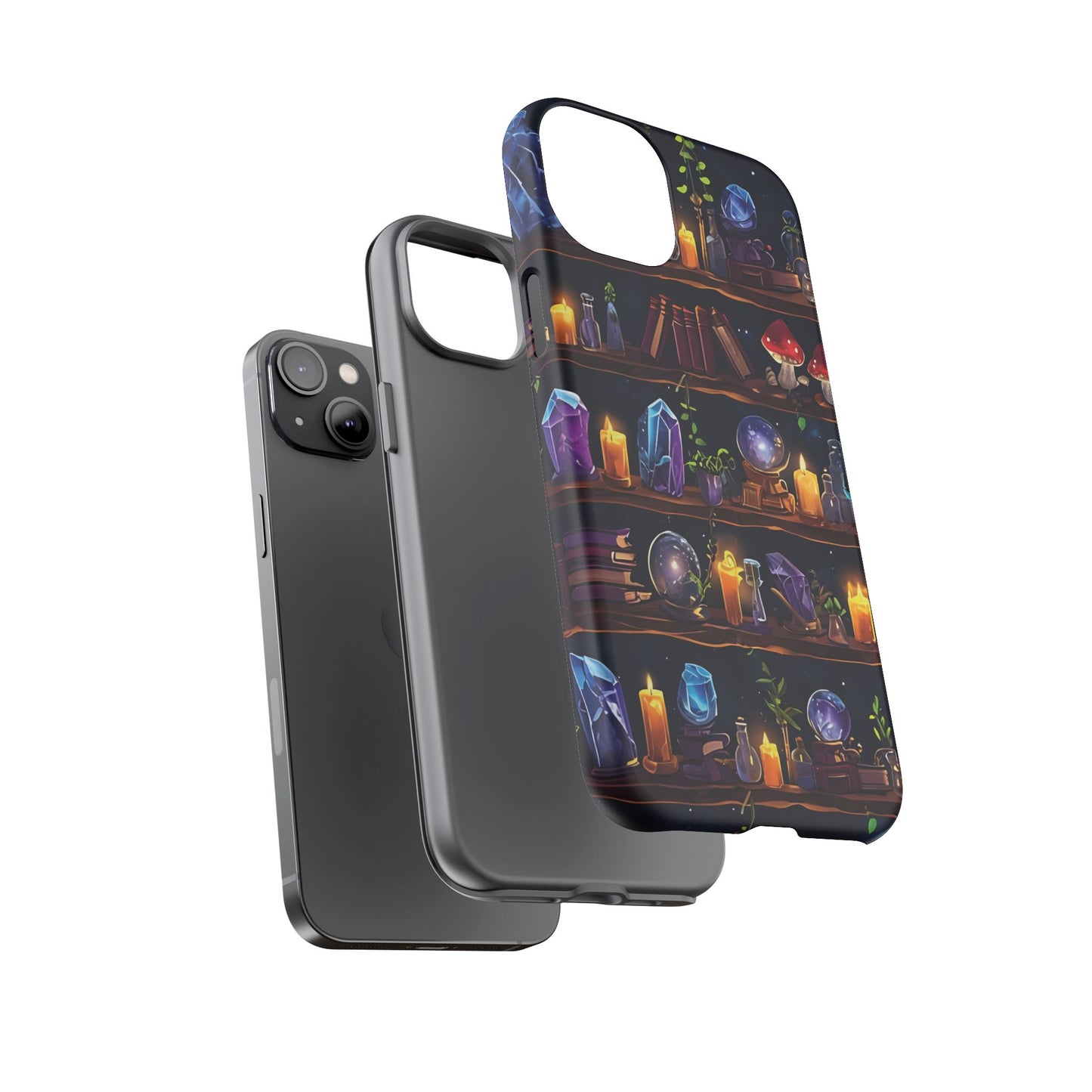 Fantasy Seamless Pattern Of Wooden Shelves Filled With Mystical Items phone case design.
