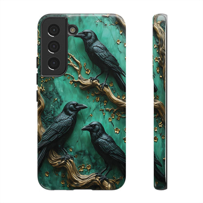 Three Black Ravens Perched On Gold-Accent Branches phone case design