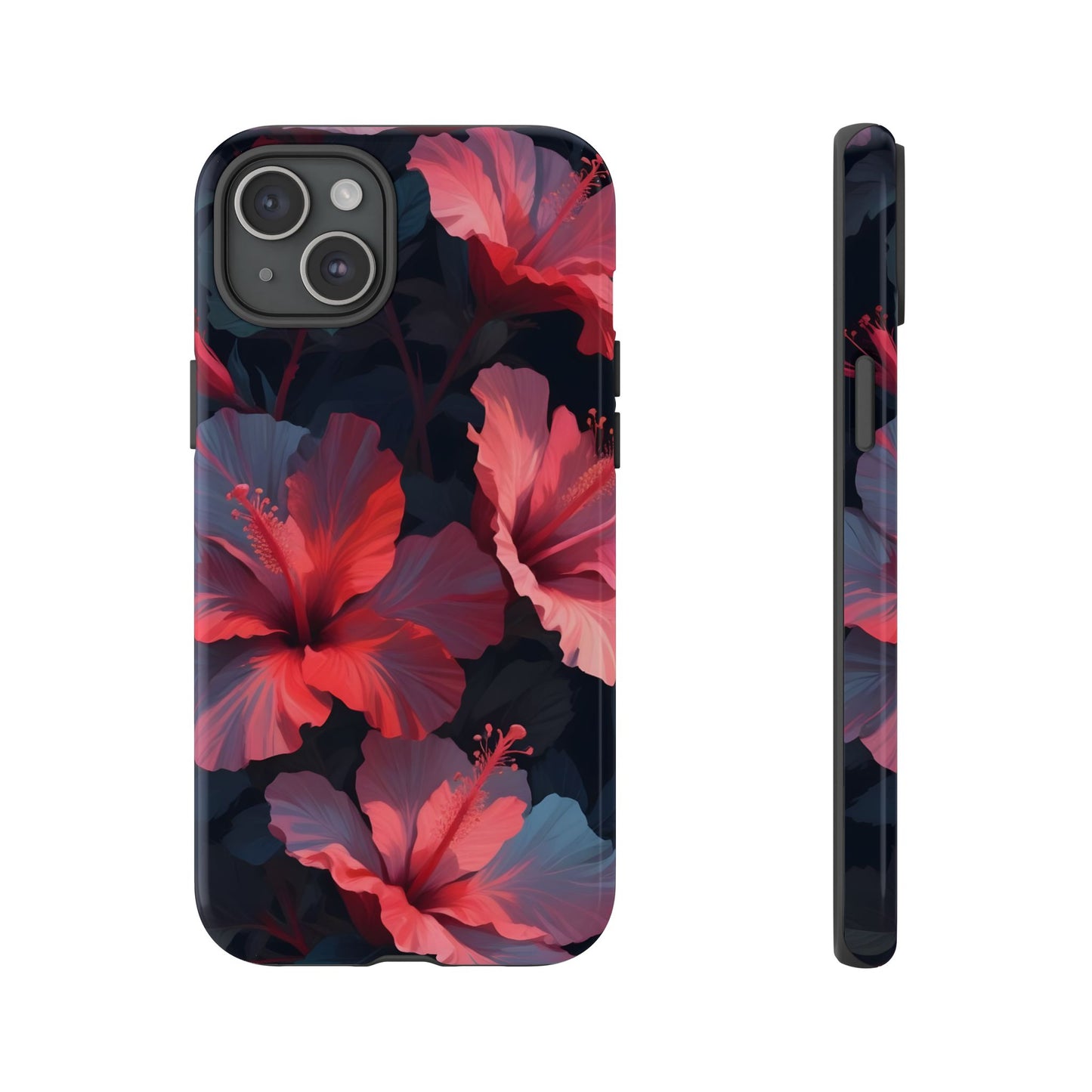 Vibrant red and pink hibiscus flowers blooming against a dark background| Floral phone case design