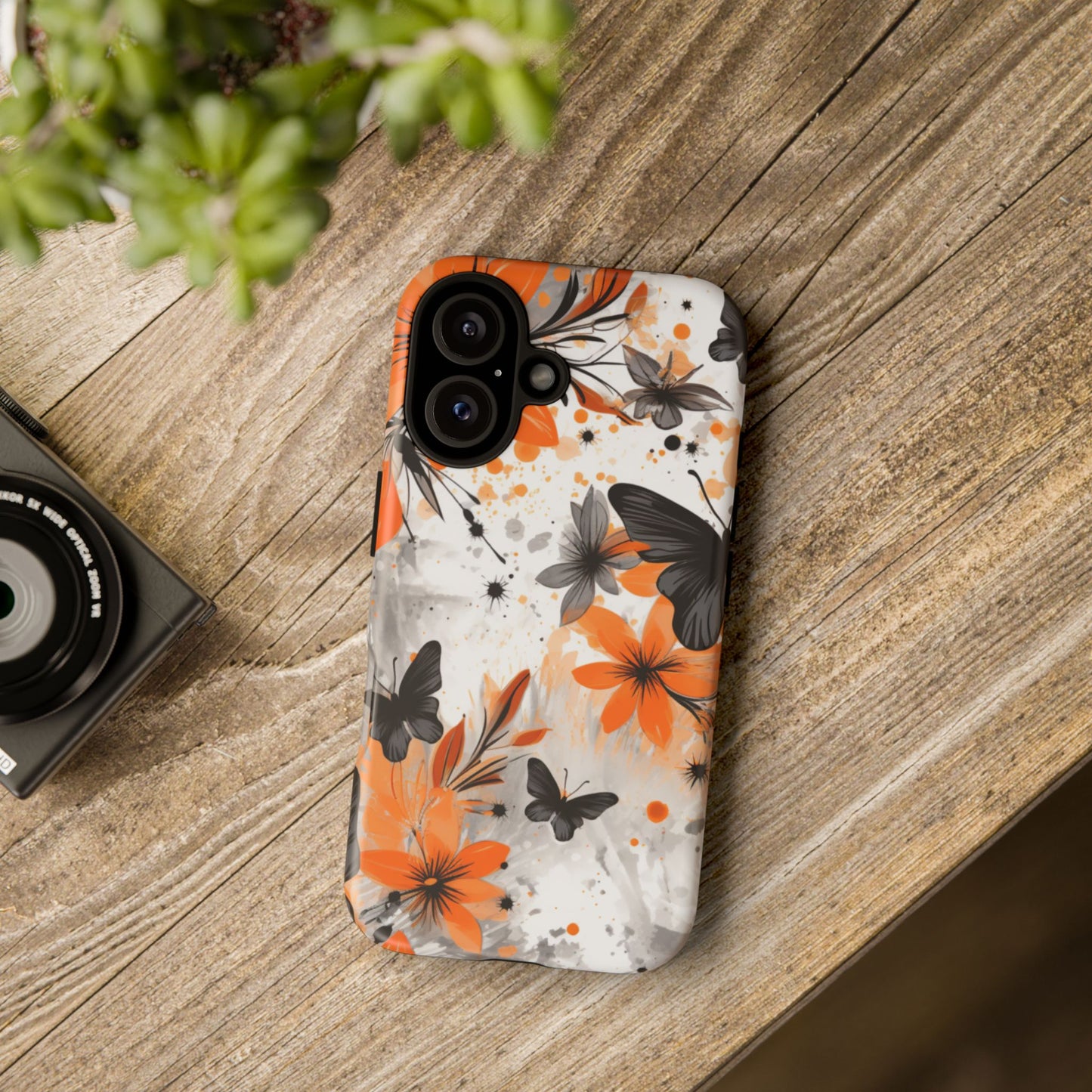Bold Butterfly & Floral Splash Mobile Cover – Black & Orange Aesthetic