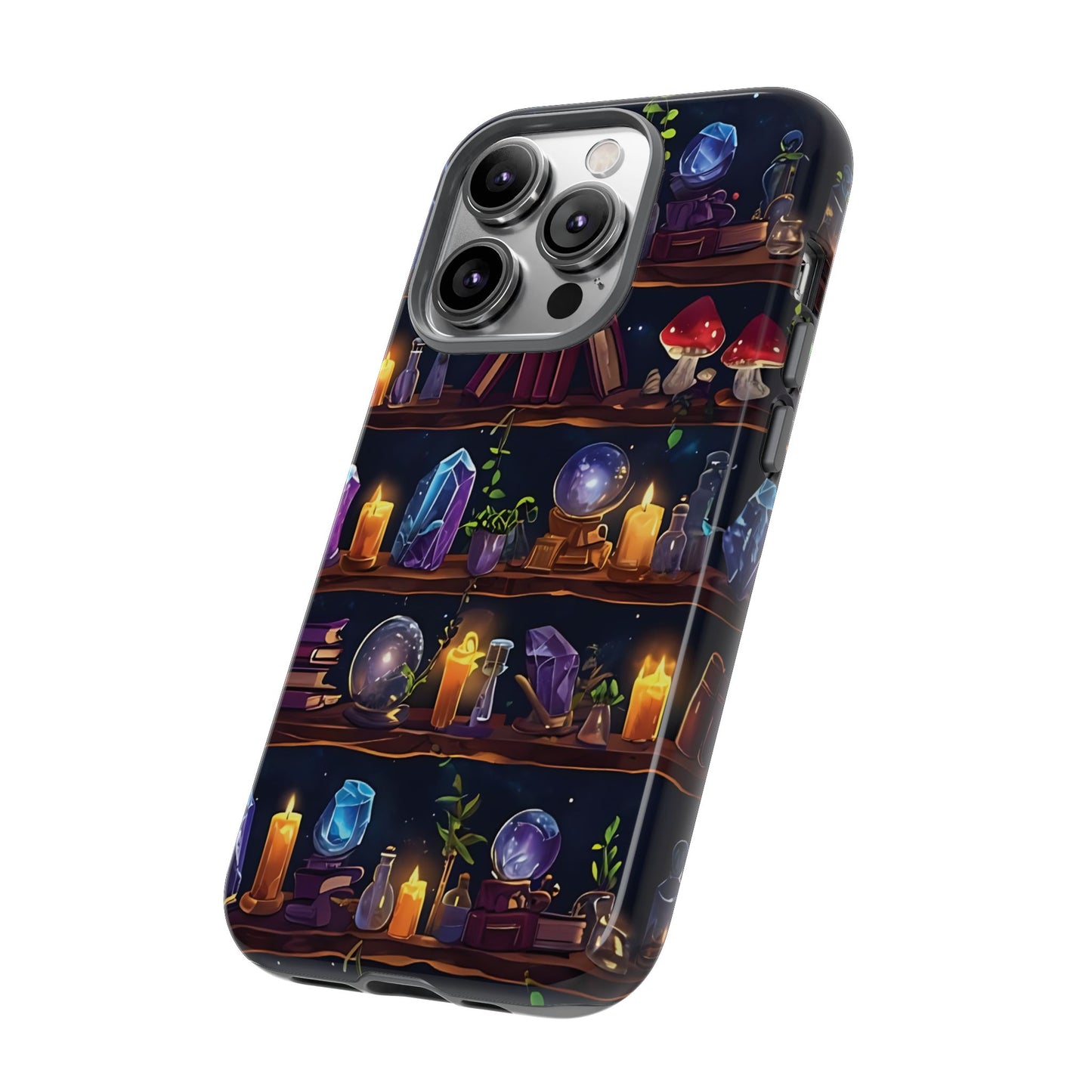 Fantasy Seamless Pattern Of Wooden Shelves Filled With Mystical Items phone case design.