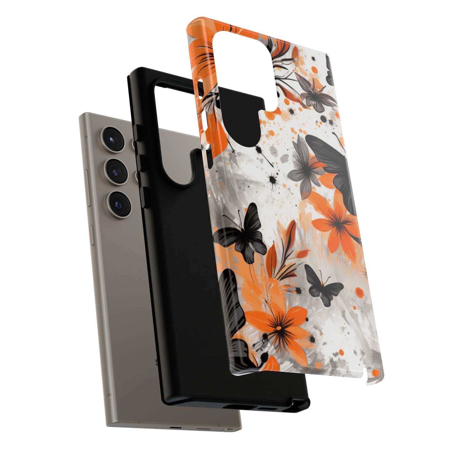 Bold Butterfly & Floral Splash Mobile Cover – Black & Orange Aesthetic