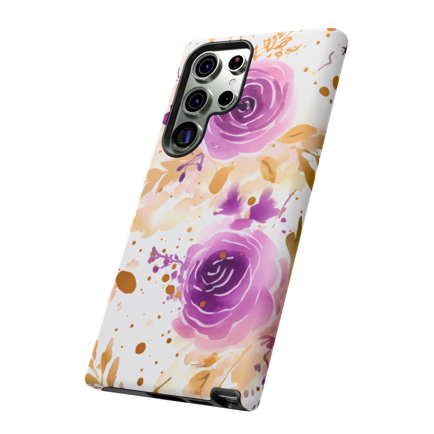 Purple Bloom Watercolor Mobile Case – Artistic Elegance in Gold & Lilac