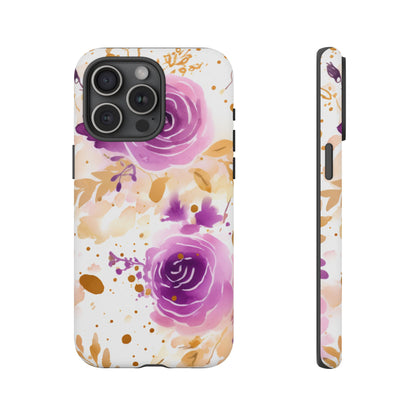 Purple Bloom Watercolor Mobile Case – Artistic Elegance in Gold & Lilac