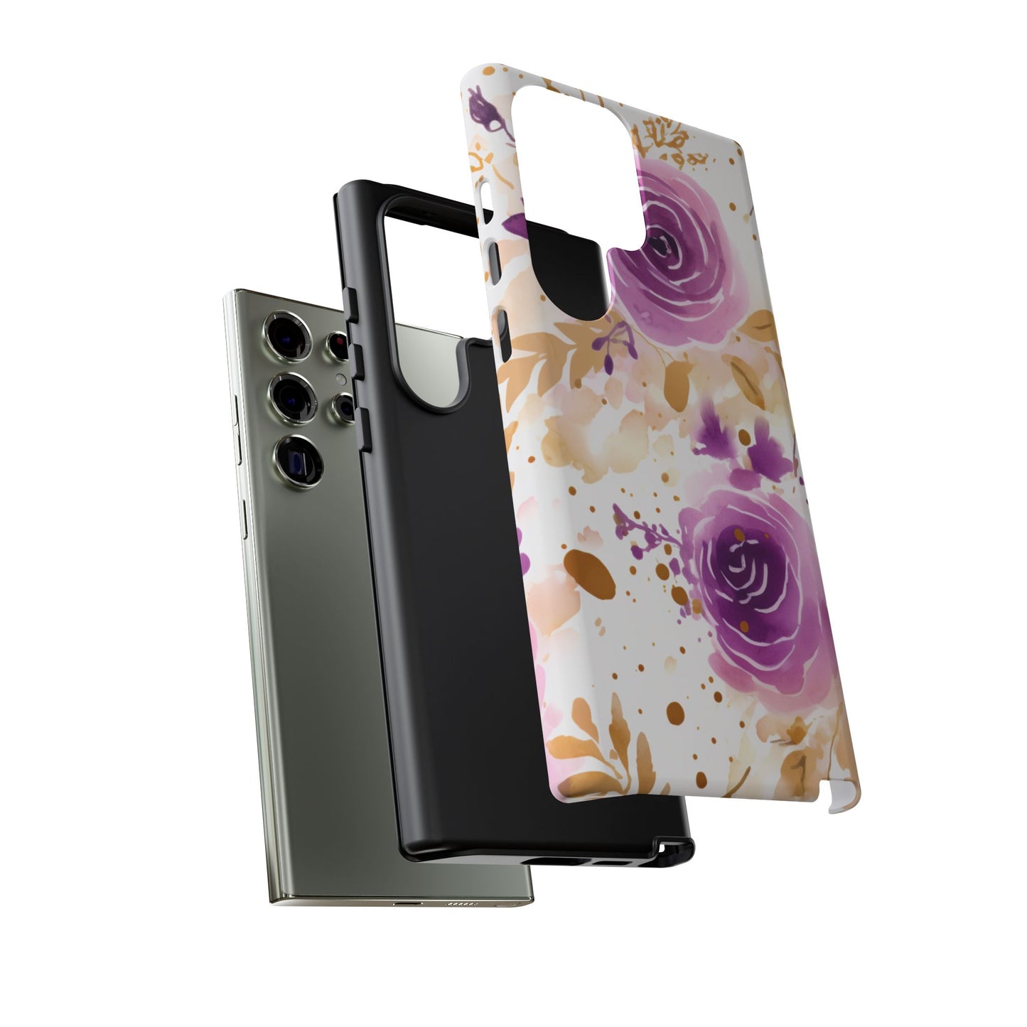 Purple Bloom Watercolor Mobile Case – Artistic Elegance in Gold & Lilac