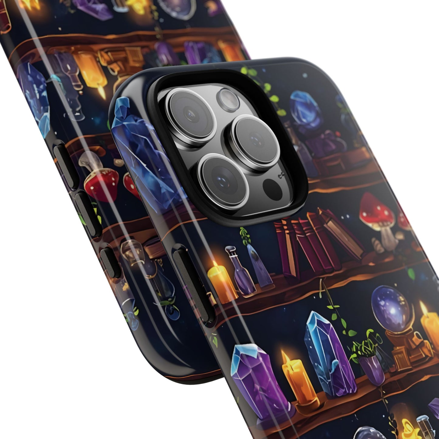 Fantasy Seamless Pattern Of Wooden Shelves Filled With Mystical Items phone case design.