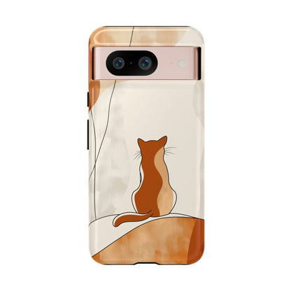 Contemplative Cat: Minimalist Sunset Phone Case for iPhone, Samsung & Pixel