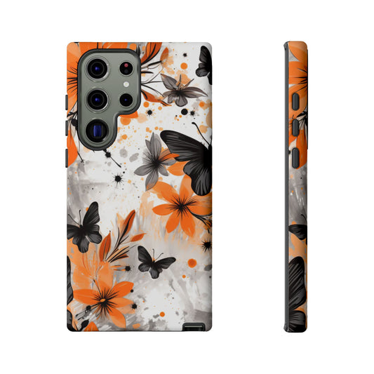 Bold Butterfly & Floral Splash Mobile Cover – Black & Orange Aesthetic