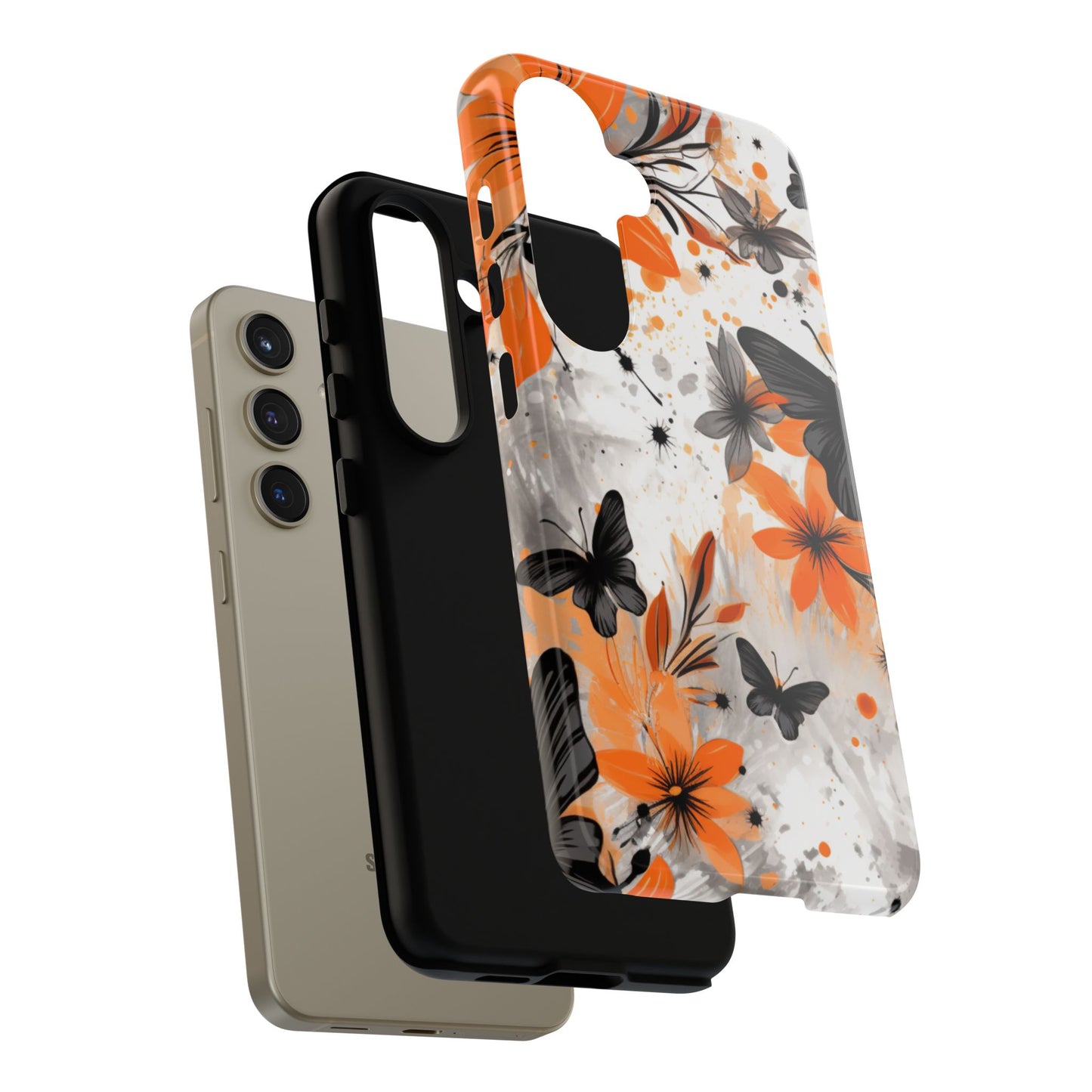 Bold Butterfly & Floral Splash Mobile Cover – Black & Orange Aesthetic