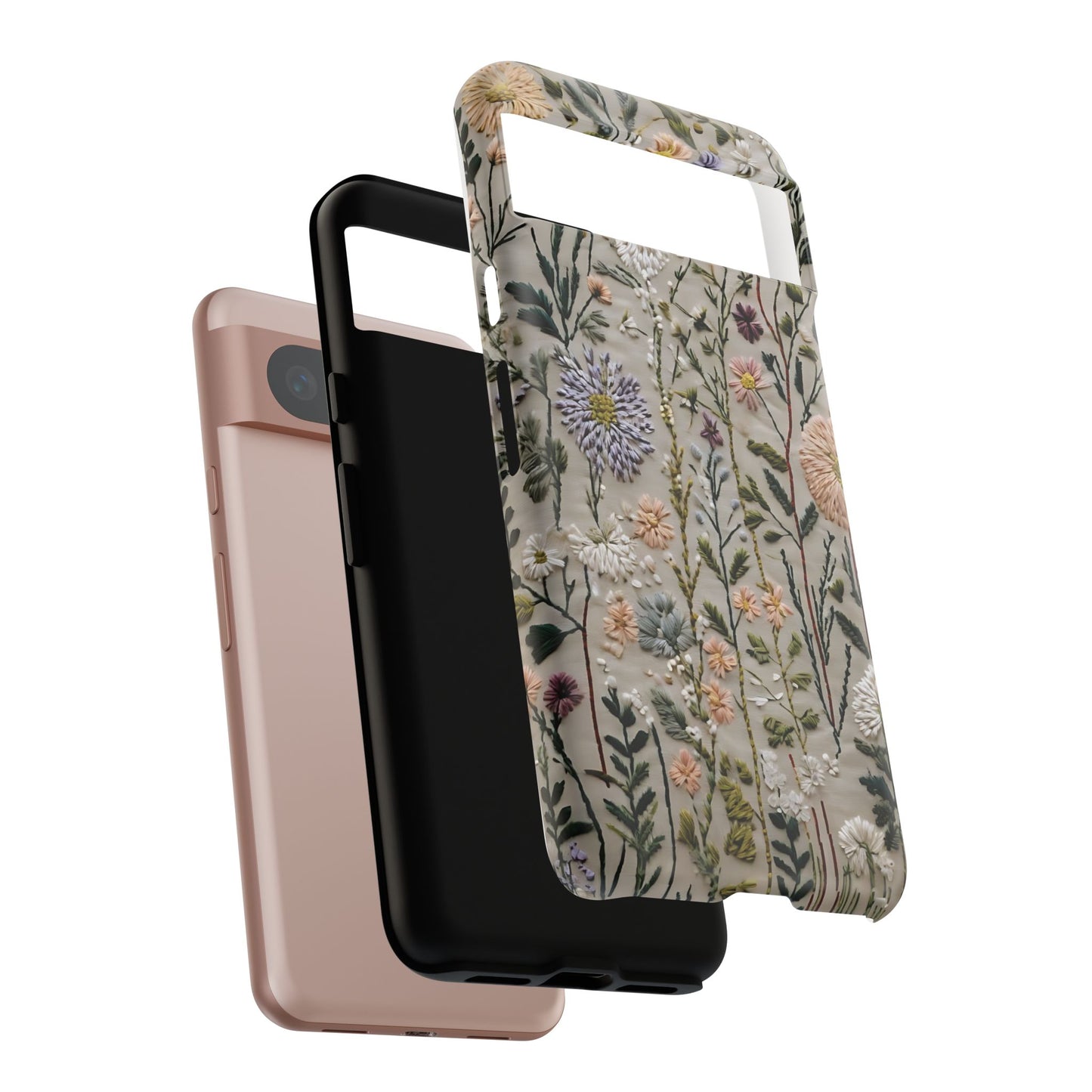 Intricate Embroidery Artwork Featuring Botanical Elements On Beige phone case design.