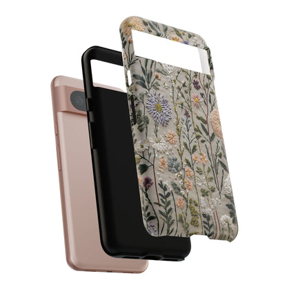 Intricate Embroidery Artwork Featuring Botanical Elements On Beige phone case design.