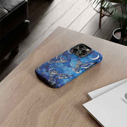 Surrealistic Owls Soaring Through A Celestial Night Sky phone case design.