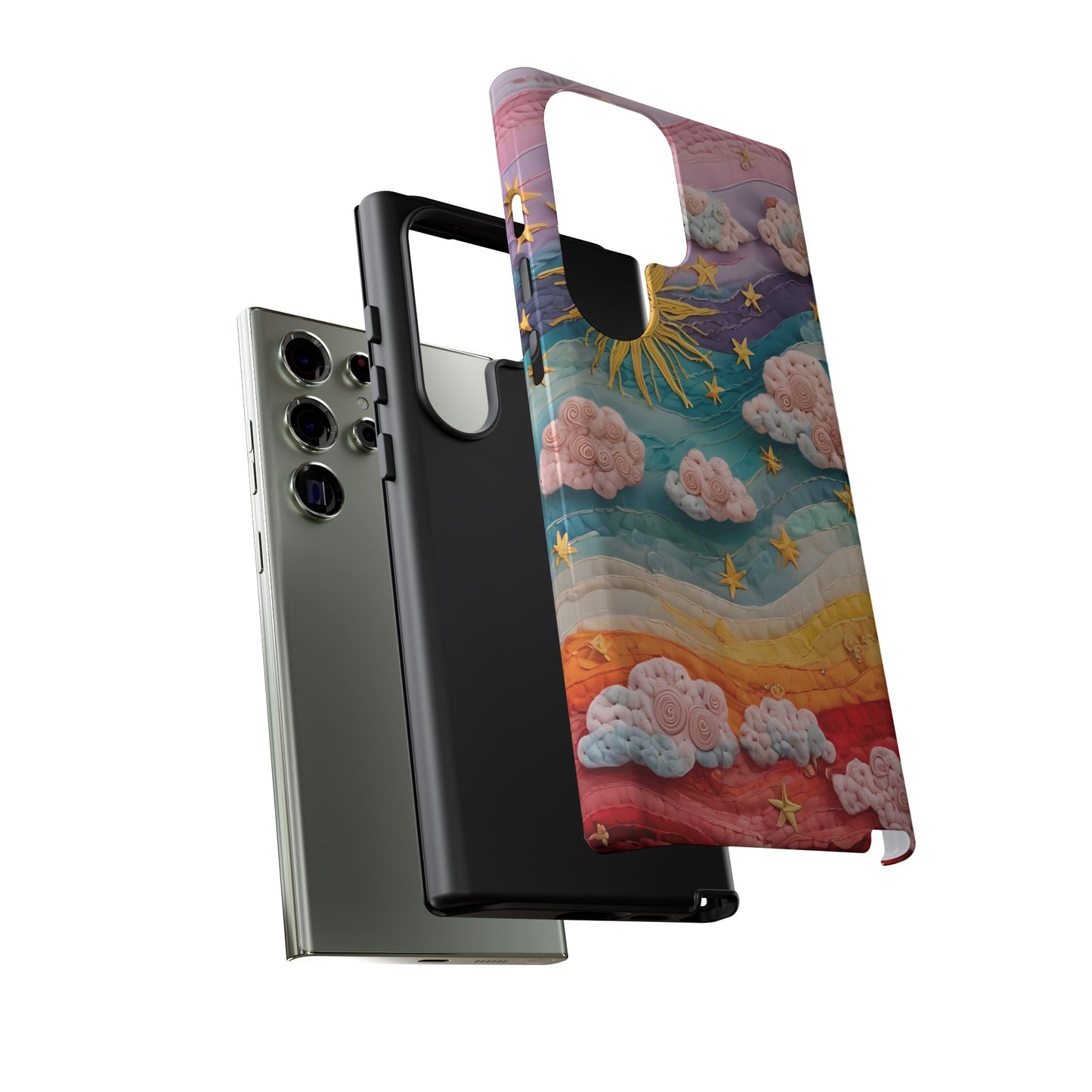Whimsical Fiber Art Sky Scene With Dynamic Stripes And Clouds phone case design.