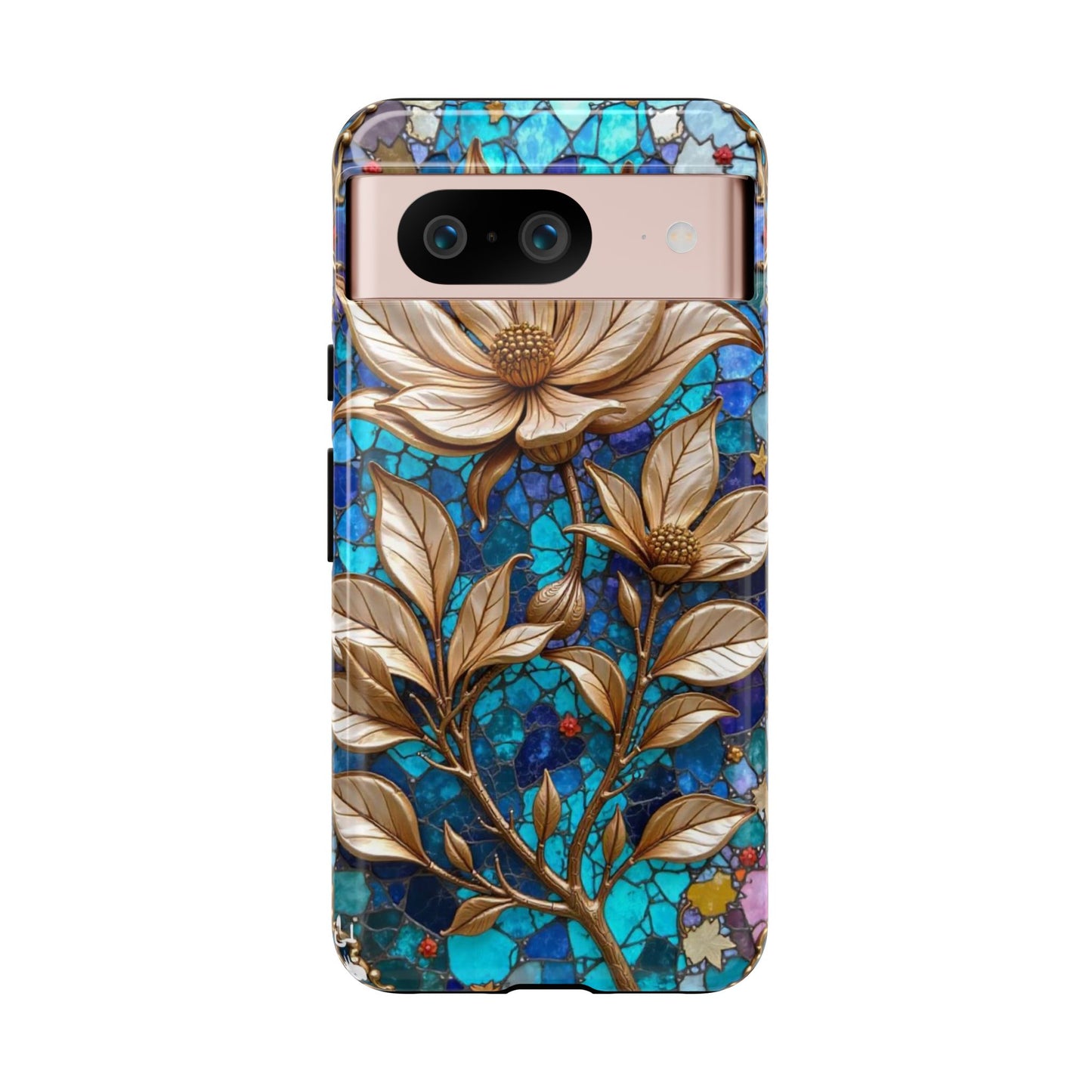Golden Blossoms on Mosaic Blue Elegance